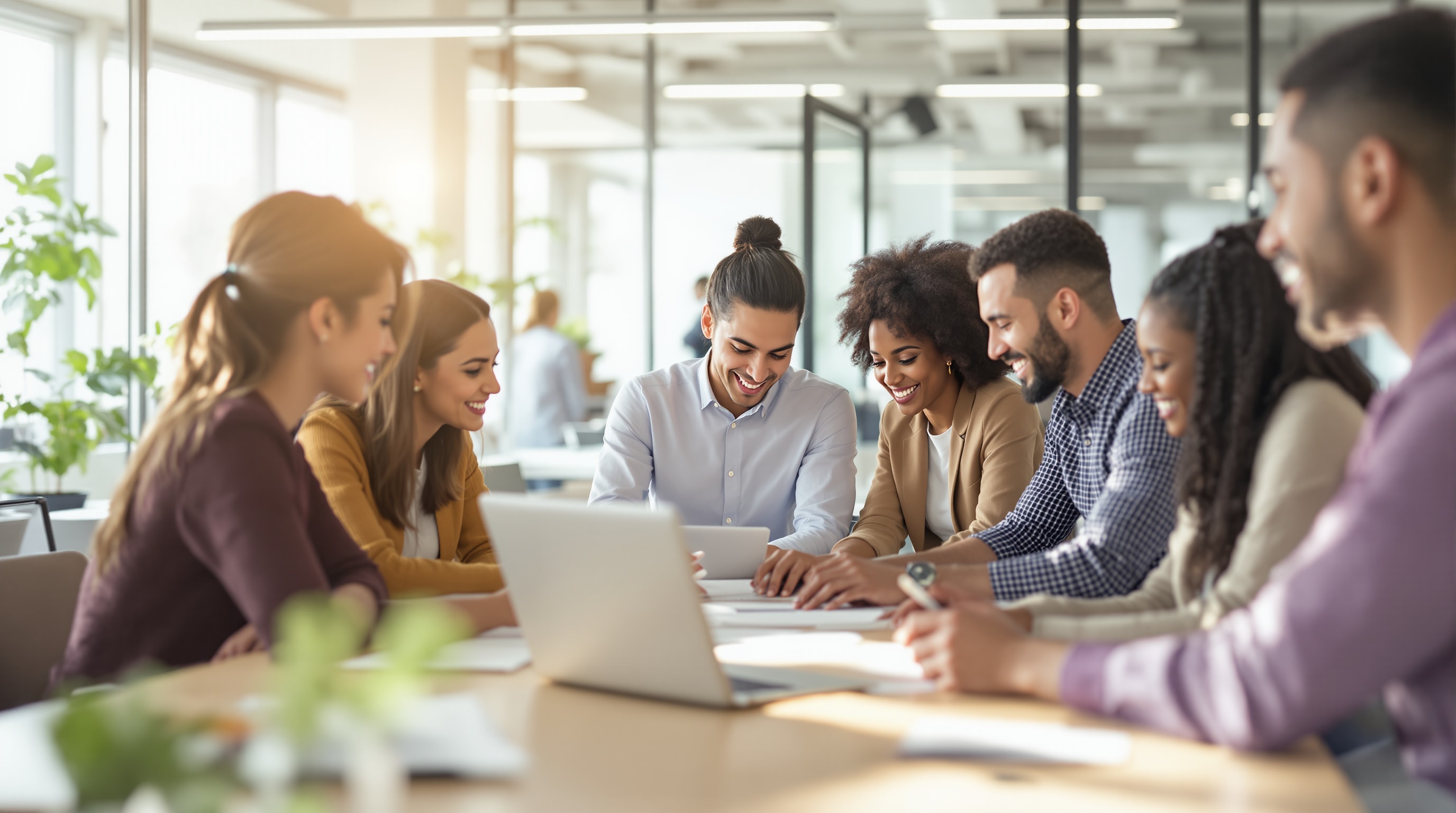 Diverse professionals collaborating in a modern, inclusive office