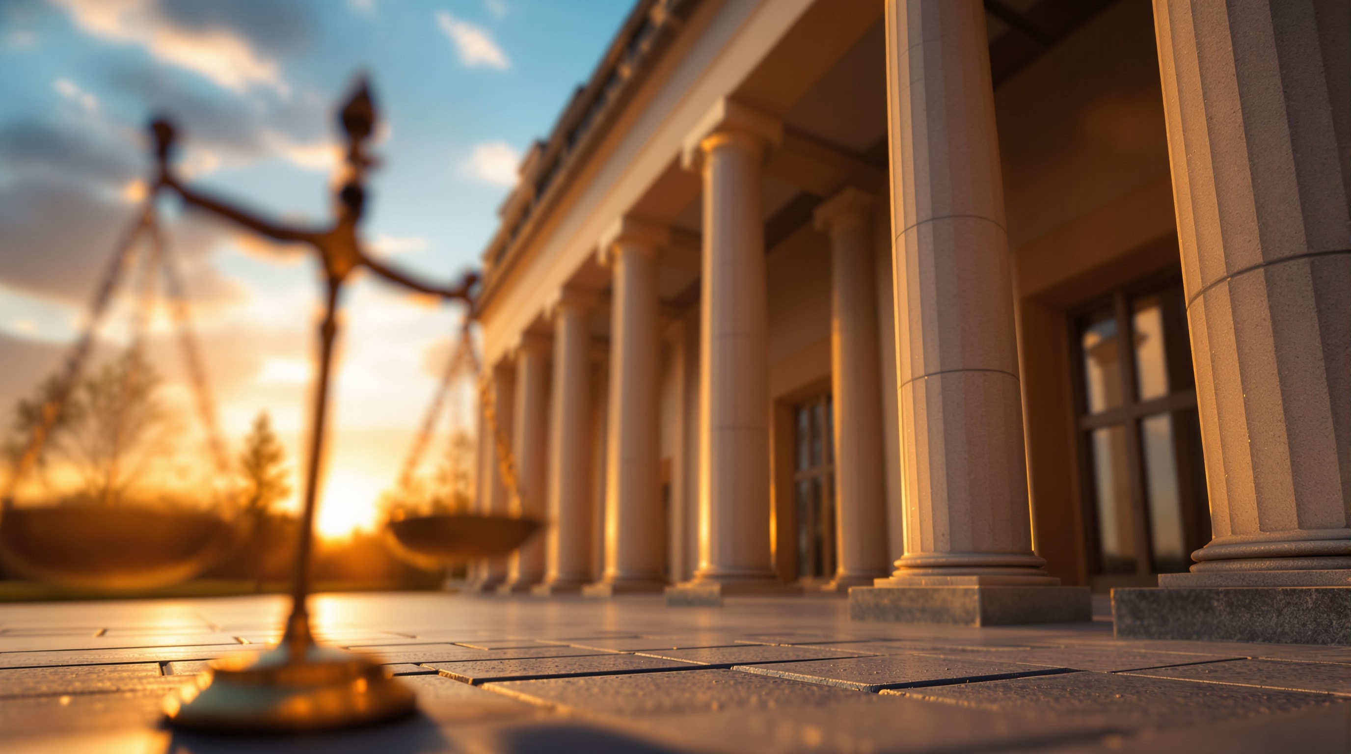 Sunlit courthouse colonnade symbolizing workplace justice and civil rights